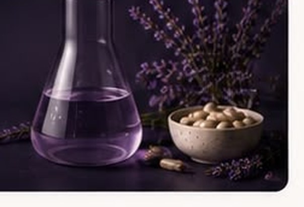 Lavender botanical and capsules with violet flask